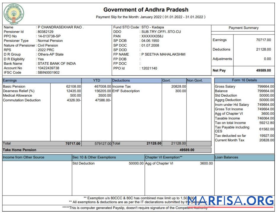 Printable Government of Andhra Pradesh Paystub example